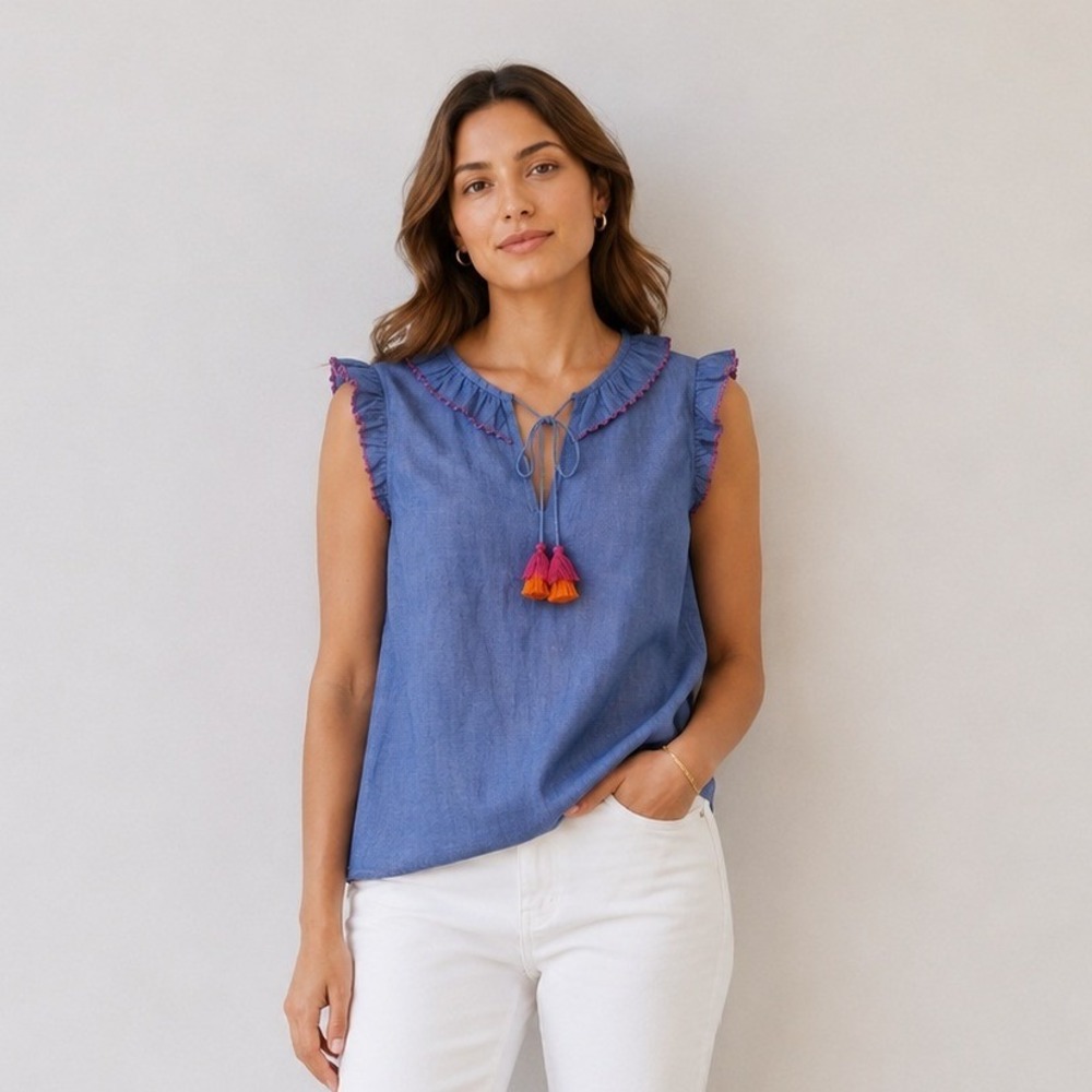 Boden Laurie Blue Chambray Ruffle Tassel Sleeveless Top 100% Cotton | US 4
